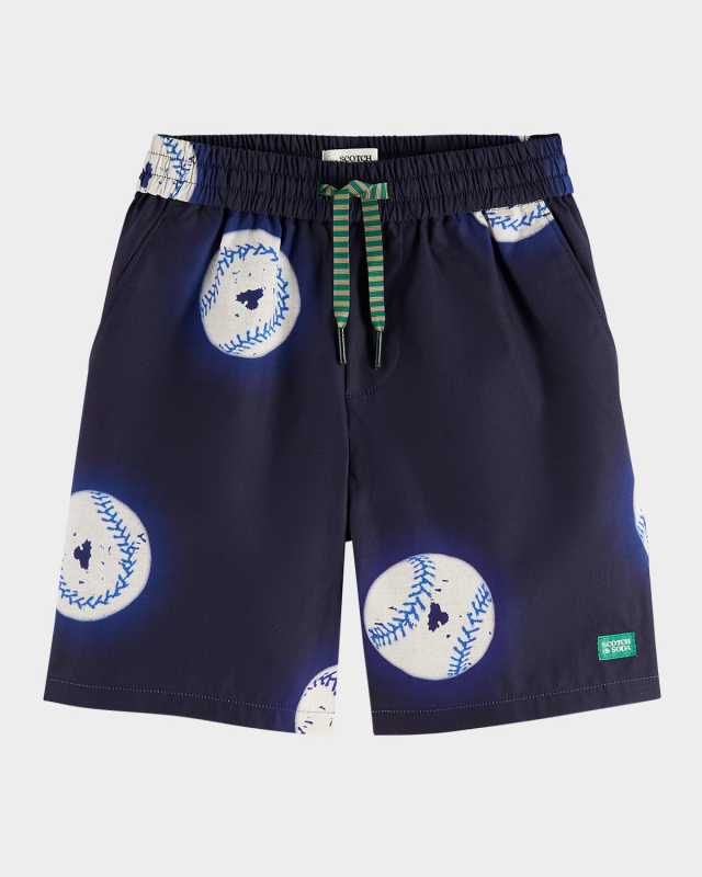 Boy's Baseball-Print Swim Shorts, Size 4-12